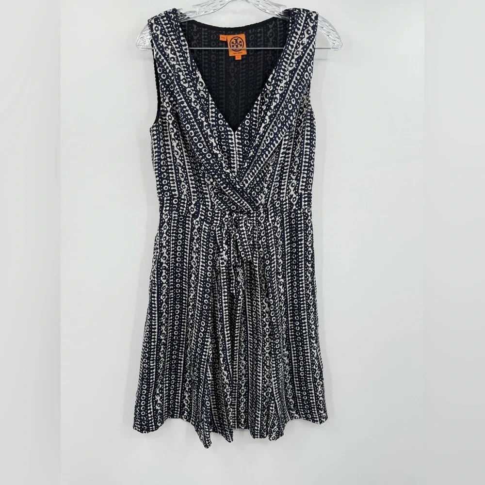 Tory Burch Women's 100% Silk Faux Wrap V-Neck Dress Navy/Cream Size 4